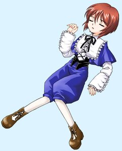 Rating: Safe Score: 0 Tags: 1boy 1girl blue_background boots brown_footwear brown_hair closed_eyes frills full_body image long_sleeves pantyhose ribbon short_hair solo souseiseki white_legwear User: admin