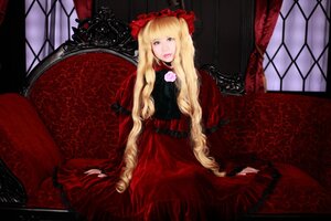 Rating: Safe Score: 0 Tags: 1girl blonde_hair curtains dress flower long_hair long_sleeves looking_at_viewer red_dress red_theme rose shinku sitting solo very_long_hair window User: admin