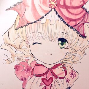 Rating: Safe Score: 0 Tags: 1girl blonde_hair blush bow drill_hair eyebrows_visible_through_hair green_eyes hat heart hina_ichigo hinaichigo image looking_at_viewer one_eye_closed pink_headwear ribbon smile solo User: admin