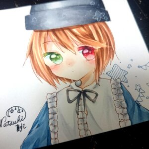 Rating: Safe Score: 0 Tags: 1girl artist_name eyebrows_visible_through_hair green_eyes hat heterochromia image long_sleeves looking_at_viewer red_eyes ribbon short_hair signature solo souseiseki traditional_media upper_body white_background User: admin