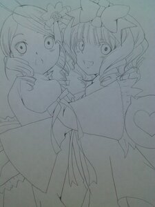 Rating: Safe Score: 0 Tags: 2girls bow dress drill_hair hair_ornament hat hinaichigo image kanaria looking_at_viewer monochrome multiple_girls pair smile traditional_media twin_drills User: admin