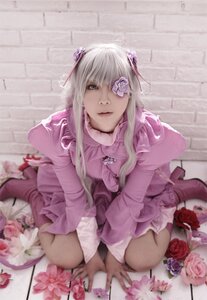 Rating: Safe Score: 0 Tags: 1girl barasuishou blonde_hair dress flower hair_ornament kneeling lips long_hair long_sleeves looking_at_viewer pink_dress pink_flower rose sitting solo wariza User: admin