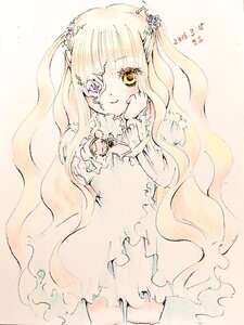 Rating: Safe Score: 0 Tags: 1girl bangs dress eyepatch flower frills hand_on_own_face image kirakishou long_hair long_sleeves pink_hair smile solo striped traditional_media two_side_up very_long_hair yellow_eyes User: admin