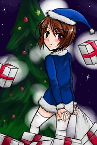 Rating: Safe Score: 0 Tags: 1girl blush brown_hair christmas christmas_tree gift green_eyes hat heterochromia holding_gift image looking_back red_eyes sack santa_costume santa_hat short_hair solo souseiseki thighhighs white_legwear zettai_ryouiki User: admin