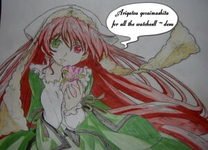 Rating: Safe Score: 0 Tags: 1girl dress english_text green_dress green_eyes hat heterochromia image long_hair long_sleeves looking_at_viewer red_eyes simple_background smile solo suiseiseki traditional_media very_long_hair User: admin