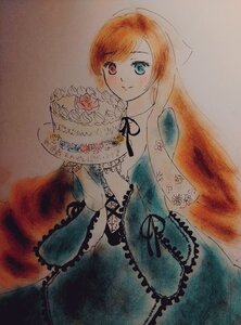 Rating: Safe Score: 0 Tags: 1girl bouquet dress flower frills green_eyes heterochromia image long_hair orange_hair red_eyes rose smile solo suiseiseki traditional_media watercolor_(medium) User: admin