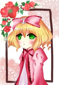 Rating: Safe Score: 0 Tags: 1girl :o blonde_hair blush bow dress flower food fruit green_eyes hair_bow hina_ichigo hinaichigo image looking_at_viewer object_namesake pink_bow red_flower short_hair solo strawberry upper_body User: admin
