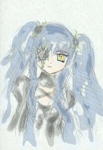 Rating: Safe Score: 0 Tags: 1girl bangs blue_hair choker dress eyepatch hair_ornament image kirakishou long_hair looking_at_viewer simple_background solo yellow_eyes User: admin