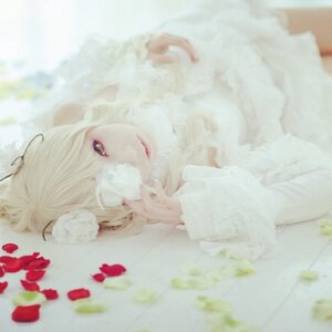 Rating: Safe Score: 0 Tags: 1girl blurry blurry_background blurry_foreground closed_mouth depth_of_field flower green_eyes hair_over_one_eye kirakishou leaf lips looking_at_viewer one_eye_covered petals photo shirt solo upper_body white_shirt User: admin