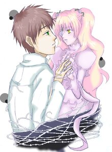 Rating: Safe Score: 0 Tags: 1boy 1girl auto_tagged brown_hair dress eyepatch green_eyes hair_ornament image kirakishou long_hair pink_hair solo striped vertical_stripes yellow_eyes User: admin