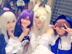 Rating: Safe Score: 0 Tags: 4girls adjusting_eyewear blonde_hair blue_eyes brown_hair glasses hair_ornament hair_over_one_eye hat lips long_hair looking_at_viewer multiple_cosplay multiple_girls short_hair smile tagme v User: admin