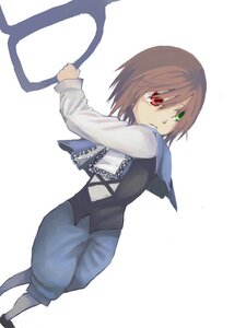Rating: Safe Score: 0 Tags: 1girl brown_hair full_body green_eyes heterochromia image long_sleeves looking_at_viewer looking_back pants red_eyes shirt short_hair solo souseiseki striped white_background User: admin