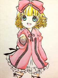 Rating: Safe Score: 0 Tags: 1girl aqua_eyes blonde_hair blue_eyes bow cowboy_shot dress drill_hair frills hair_bow hina_ichigo hinaichigo image long_sleeves looking_at_viewer open_mouth pink_bow pink_dress short_hair smile solo standing User: admin