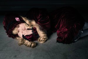 Rating: Safe Score: 0 Tags: 1girl blonde_hair bow closed_eyes dress flower gothic_lolita head_rest lolita_fashion long_hair long_sleeves lying on_side rose shinku solo User: admin
