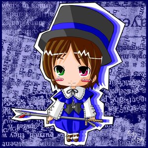 Rating: Safe Score: 0 Tags: 1girl blue_dress blush_stickers bow brown_hair chibi dress frills hat heterochromia holding image long_sleeves number red_eyes short_hair smile solo souseiseki standing weapon User: admin