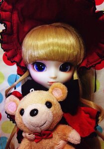 Rating: Safe Score: 0 Tags: 1girl bangs blonde_hair blue_eyes bonnet bow doll dress long_hair long_sleeves looking_at_viewer red_dress shinku solo stuffed_animal teddy_bear User: admin