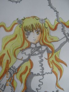 Rating: Safe Score: 0 Tags: 1girl dress eyepatch flower frills hair_flower hair_ornament image kirakishou long_hair orange_hair rose solo thorns traditional_media vines User: admin