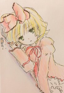 Rating: Safe Score: 0 Tags: 1girl blonde_hair bow dress frills green_eyes hair_bow hina_ichigo hinaichigo image long_sleeves lying pink_bow puffy_sleeves red_bow ribbon short_hair simple_background solo traditional_media upper_body User: admin