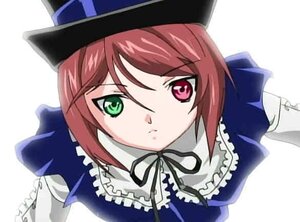 Rating: Safe Score: 0 Tags: 1girl blue_dress bow collar frills green_eyes hat image long_sleeves looking_at_viewer red_eyes ribbon simple_background solo souseiseki upper_body white_background User: admin