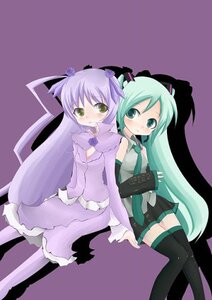 Rating: Safe Score: 0 Tags: 2girls barasuishou black_legwear blush detached_sleeves green_eyes hatsune_miku hiiragi_kagami image long_hair multiple_girls necktie purple_background skirt solo thighhighs twintails very_long_hair zettai_ryouiki User: admin