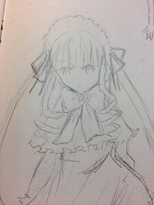 Rating: Safe Score: 0 Tags: 1girl bangs closed_mouth dress eyebrows_visible_through_hair frilled_apron frills greyscale hair_ribbon image long_hair long_sleeves looking_at_viewer maid_headdress monochrome photo ribbon shinku sketch sleeves_past_wrists solo traditional_media very_long_hair User: admin