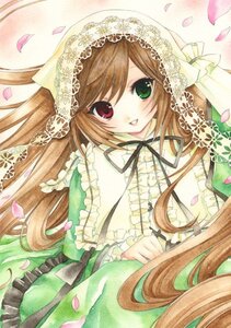Rating: Safe Score: 0 Tags: 1girl brown_hair cherry_blossoms dress frills green_dress green_eyes heterochromia image long_hair long_sleeves looking_at_viewer marker_(medium) petals red_eyes ribbon rose_petals smile solo suiseiseki traditional_media very_long_hair watercolor_(medium) User: admin