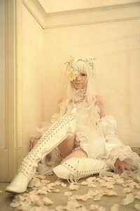 Rating: Safe Score: 0 Tags: 1girl bare_shoulders blue_eyes dress flower hair_ornament kirakishou lips long_hair sitting solo thighhighs white_dress white_hair User: admin