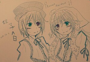 Rating: Safe Score: 0 Tags: 2girls blush eyebrows_visible_through_hair hat heterochromia image looking_at_viewer monochrome multiple_girls pair short_hair siblings sisters smile souseiseki spot_color suiseiseki traditional_media twins User: admin