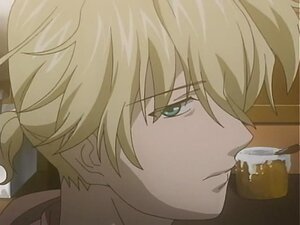 Rating: Safe Score: 0 Tags: 1boy bangs blonde_hair close-up cup drinking enju eyebrows_visible_through_hair face green_eyes human screenshot solo User: admin