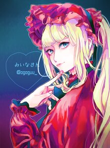 Rating: Safe Score: 0 Tags: 1girl bangs blonde_hair blue_eyes bonnet closed_mouth dress flower frills image lolita_fashion long_hair long_sleeves looking_at_viewer red_dress scrunchie shinku solo upper_body User: admin