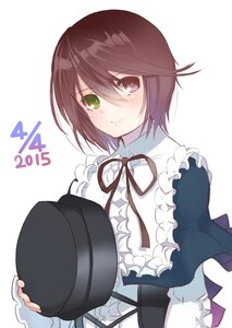 Rating: Safe Score: 0 Tags: 1girl blush brown_hair commentary_request dated frills green_eyes hat hat_removed headwear_removed heterochromia highres holding image long_sleeves looking_at_viewer partial_commentary red_eyes ribbon rozen_maiden shiro-inu short_hair smile solo souseiseki striped striped_background top_hat upper_body white_background User: admin