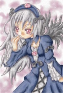 Rating: Safe Score: 0 Tags: 1girl black_wings blue_dress dress flower frills hairband image long_hair long_sleeves looking_at_viewer pink_eyes rose solo suigintou traditional_media wings User: admin