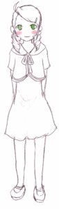 Rating: Safe Score: 0 Tags: 1girl arms_behind_back blush dress full_body green_eyes hair_ornament image kanaria long_sleeves looking_at_viewer monochrome simple_background smile solo standing white_background User: admin