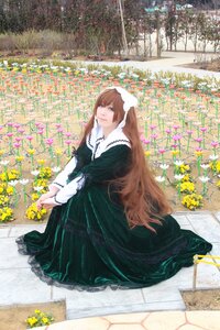 Rating: Safe Score: 0 Tags: 1girl black_dress brown_hair building dress flower frills garden green_dress long_hair long_sleeves outdoors smile solo suiseiseki tile_floor tiles traditional_media very_long_hair yellow_flower User: admin