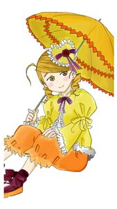 Rating: Safe Score: 0 Tags: 1girl ahoge blonde_hair bloomers blush braid dress frills full_body hat holding_umbrella image kanaria long_sleeves parasol ribbon rose sitting solo umbrella white_background yellow_eyes User: admin