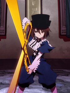 Rating: Safe Score: 0 Tags: 1 1girl black_headwear blue_eyes brown_hair capelet dress frills hat heterochromia image long_sleeves red_eyes ribbon short_hair solo souseiseki weapon User: admin