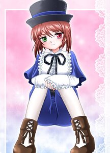 Rating: Safe Score: 0 Tags: 1girl blue_dress blush boots brown_hair cross-laced_footwear dress frills green_eyes hat heterochromia image long_sleeves looking_at_viewer pantyhose red_eyes short_hair sitting solo souseiseki top_hat white_legwear User: admin