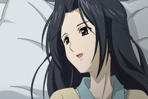 Rating: Safe Score: 0 Tags: 1girl :d black_hair half_updo human image kakizaki_megu long_hair open_mouth pillow portrait screenshot simple_background smile solo User: admin