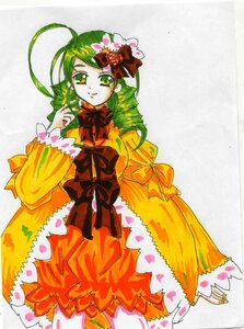 Rating: Safe Score: 0 Tags: 1girl ahoge bow dress drill_hair flower frills green_eyes green_hair hair_ornament image kanaria long_hair long_sleeves orange_dress orange_skirt smile solo User: admin
