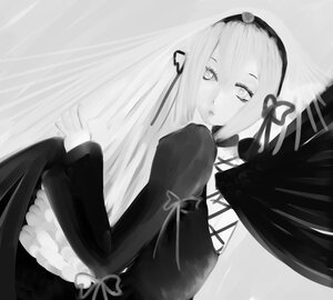Rating: Safe Score: 0 Tags: 1girl black_wings cross dress feathered_wings image long_hair long_sleeves looking_at_viewer monochrome ribbon solo suigintou upper_body wings User: admin