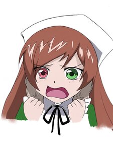 Rating: Safe Score: 0 Tags: 1girl brown_hair green_eyes hat head_scarf heterochromia image long_hair long_sleeves looking_at_viewer open_mouth red_eyes simple_background solo suiseiseki tears white_background User: admin