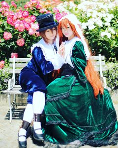 Rating: Safe Score: 0 Tags: 2girls blonde_hair brown_hair dress flower green_dress hat long_hair multiple_cosplay multiple_girls orange_hair pantyhose pink_flower rose sitting tagme top_hat User: admin