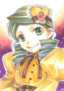 Rating: Safe Score: 0 Tags: 1girl candy drill_hair food green_eyes green_hair hat image kanaria orange_shirt smile solo twin_drills User: admin