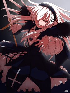 Rating: Safe Score: 0 Tags: 1girl black_ribbon black_wings commentary_request detached_collar dress frilled_sleeves frills hair_over_one_eye hairband headdress highres holding image itou_yuuji lolita_hairband long_hair long_sleeves looking_at_viewer red_eyes ribbon rose rozen_maiden shaded_face smile solo suigintou sword weapon white_hair wings User: admin