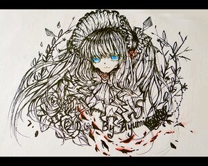 Rating: Safe Score: 0 Tags: 1girl black_border blue_eyes border closed_mouth flower image letterboxed long_hair looking_at_viewer rose shinku smile solo spot_color traditional_media User: admin