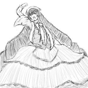 Rating: Safe Score: 0 Tags: 1girl arm_up cape greyscale image long_hair long_sleeves looking_at_viewer monochrome open_mouth skirt solo suiseiseki User: admin