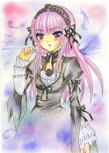 Rating: Safe Score: 0 Tags: 1girl black_ribbon blush colored_pencil_(medium) dress frills hairband image lolita_fashion lolita_hairband long_hair long_sleeves looking_at_viewer marker_(medium) purple_eyes ribbon solo suigintou traditional_media watercolor_(medium) User: admin