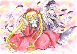 Rating: Safe Score: 0 Tags: 2girls black_wings blonde_hair blush bonnet closed_eyes dress feathers flower frills hairband image long_hair long_sleeves multiple_girls pair petals red_dress rose shinku suigintou wings yuri User: admin