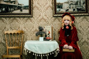 Rating: Safe Score: 0 Tags: 1girl blonde_hair blue_eyes building dress flower jewelry long_hair long_sleeves red_dress solo User: admin