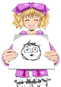 Rating: Safe Score: 0 Tags: 1girl :d ^_^ blonde_hair blush closed_eyes dress frills hinaichigo holding image open_mouth pink_bow purple_bow simple_background smile solo white_background User: admin